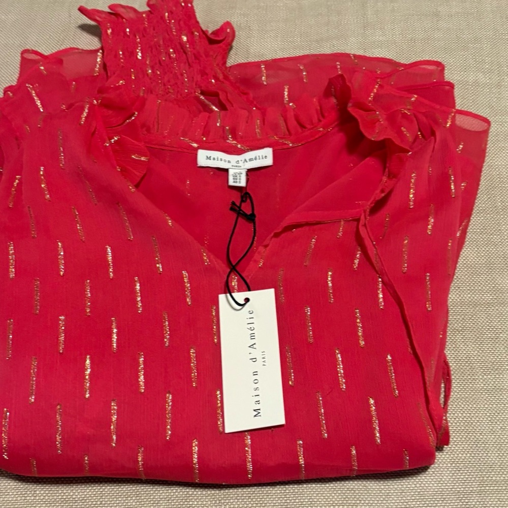 Maison D’Amelie Ruffled Red and Pink Blouse with Metallic Accents